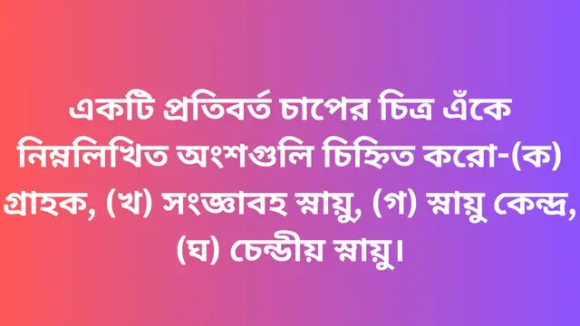 একটি প্রতিবর্ত চাপের চিত্র এঁকে নিম্নলিখিত অংশগুলি চিহ্নিত করো-(ক) গ্রাহক, (খ) সংজ্ঞাবহ স্নায়ু, (গ) স্নায়ু কেন্দ্র, (ঘ) চেন্ডীয় স্নায়ু।